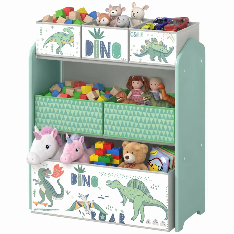 AIYAPLAY Toy Storage Organiser, 3-Tier Wooden Kids Toy Storage Rack with 6 Fabric Storage Bins for Bedroom, Kids Room, Green
