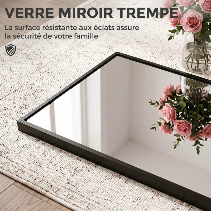 HOMCOM Miroir Mural Rectangulaire 110 x 40 cm, Crochets, Hauteurs Réglables, Verre Trempé, Cadre en Alliage d'Aluminium, Noir