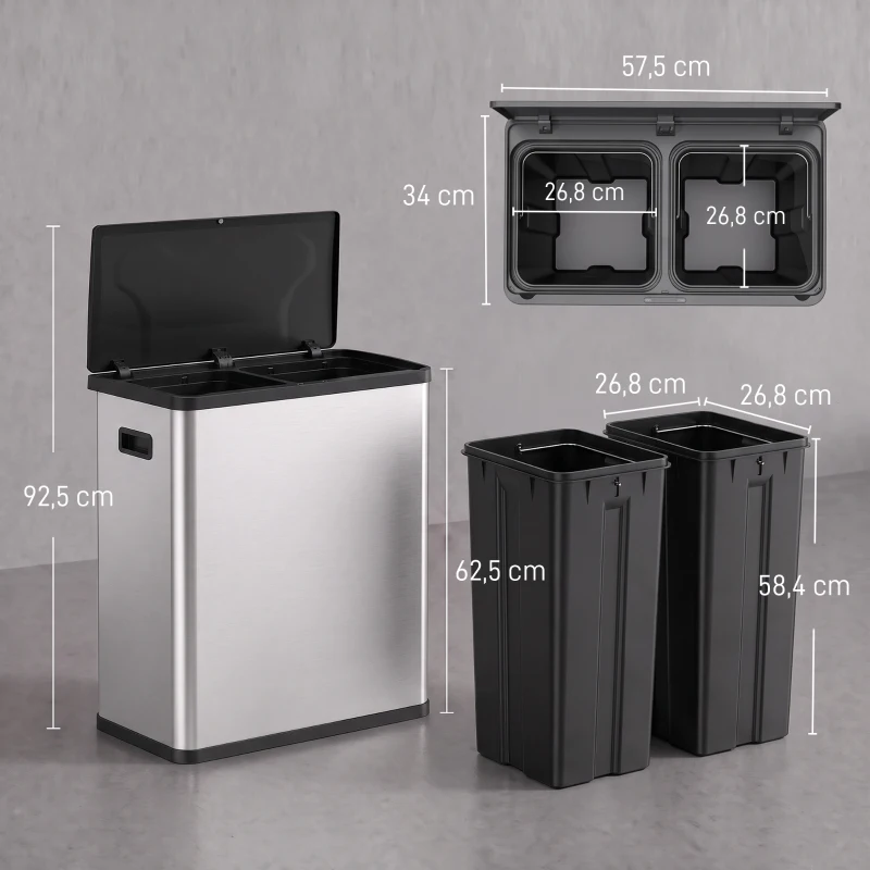 HOMCOM Automatischer Mülleimer mit Infrarot-Bewegungssensor und Mülltrennsystem Deckel 60L Silber