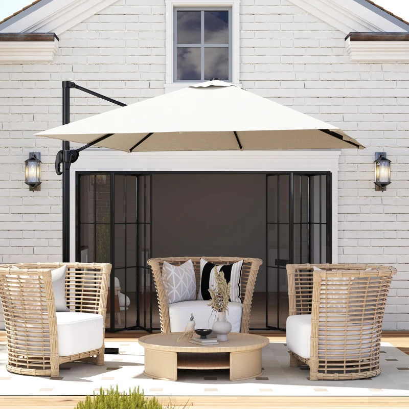 Outsunny Chapéu de Sol de Jardim Chapéu de Sol Excêntrico com Rotação 360° Inclinação de 5 Níveis com Manivela 245x245x245 cm Creme