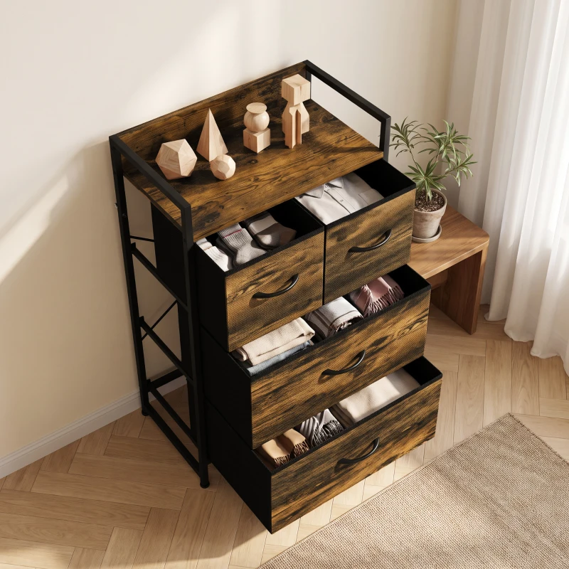 HOMCOM Cómoda com 4 Gavetas em Tecido para Quarto, com Prateleira Superior e Estrutura Metálica, Castanho Rústico