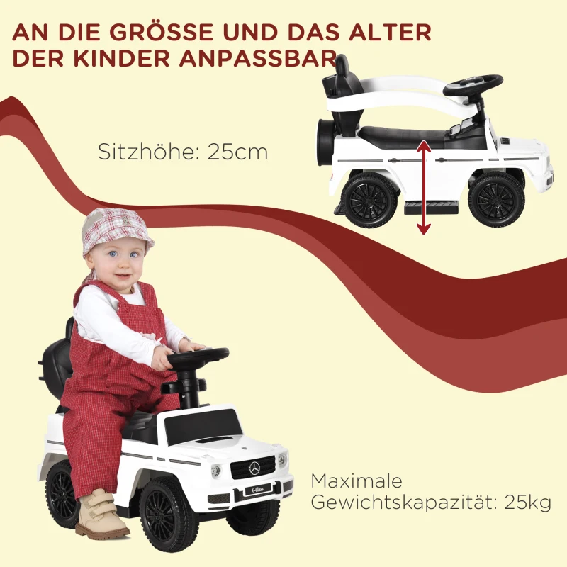 HOMCOM Rutschauto mit Schiebstange Mercedes-Benz G350 Rutschfahrzeug mit Lenkrad 3-in-1 Schiebeauto für 18-36 Monate Weiß