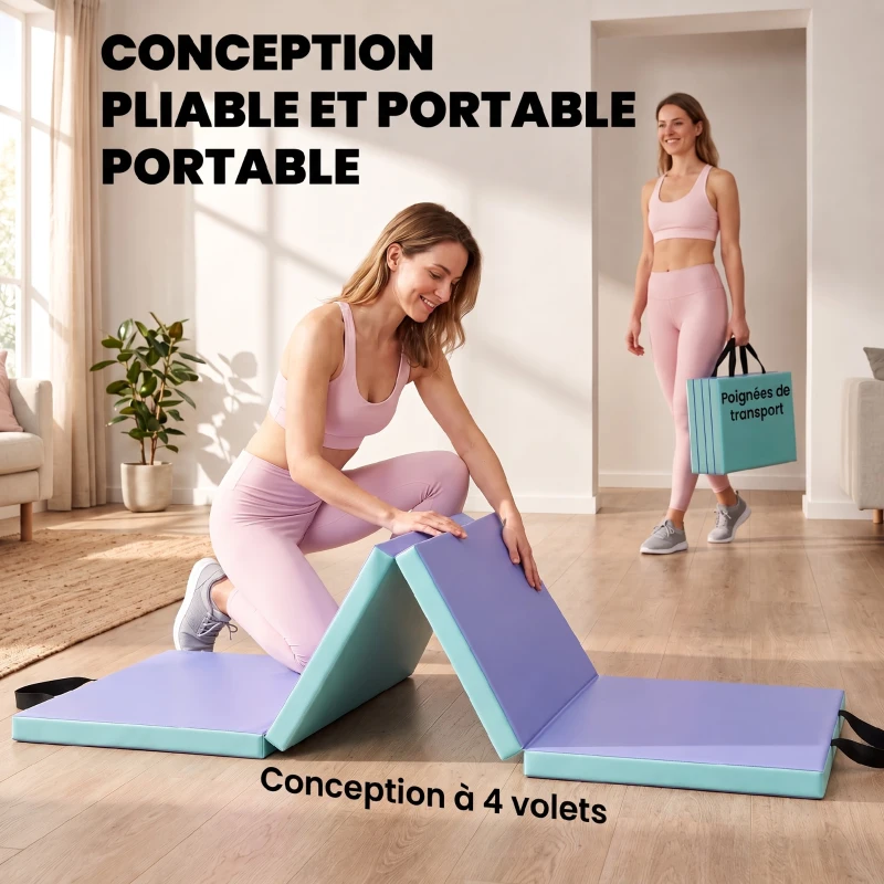 SPORTNOW Tapis de gymnastique pliable portable, tapis de sport épais en 4 parties avec poignées, 180 x 60 x 5 cm, vert et violet