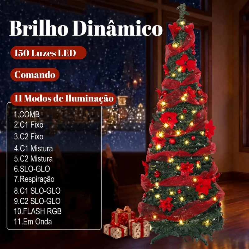HOMCOM Árvore de Natal Artificial 180 cm com 150 Luzes LED 200 Ramos 11 Modos Bolas Fitas e Suporte Dobrável Verde e Vermelho