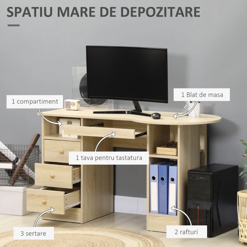HOMCOM Birou PC pentru Birou cu Rafturi, Sertare si Polita Superioara din Lemn, 125x60x74 cm