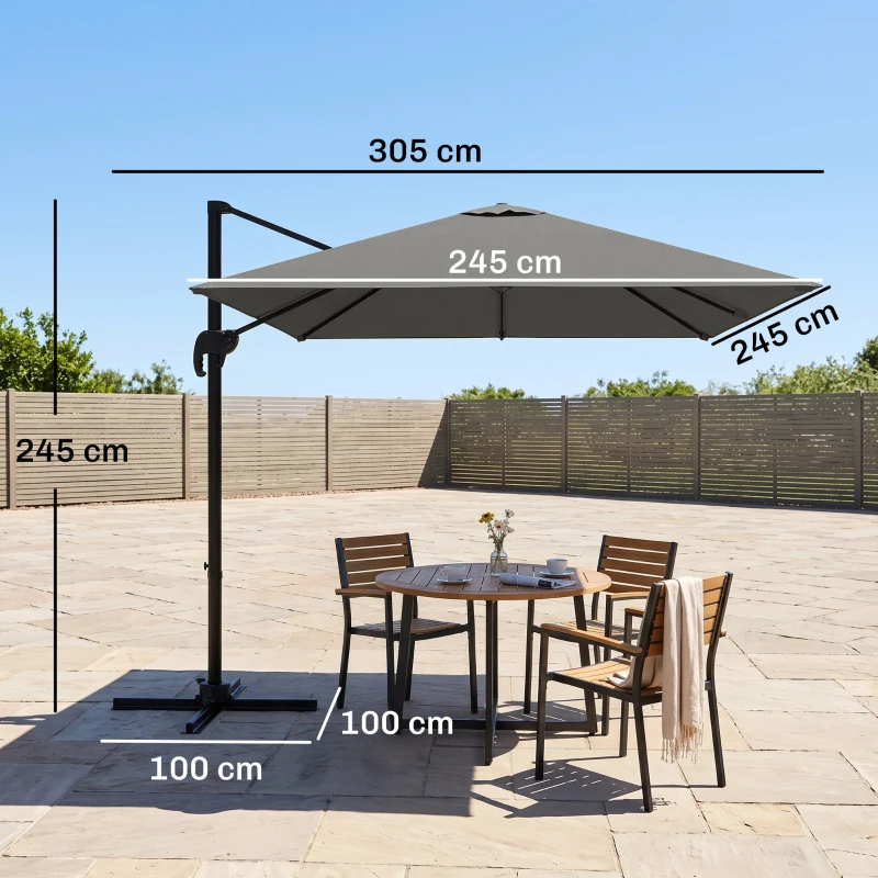 Outsunny Umbrelă de grădină cu manivelă 2,5x2,5 m, cu rotație 360° și parasolar reglabil, gri deschis