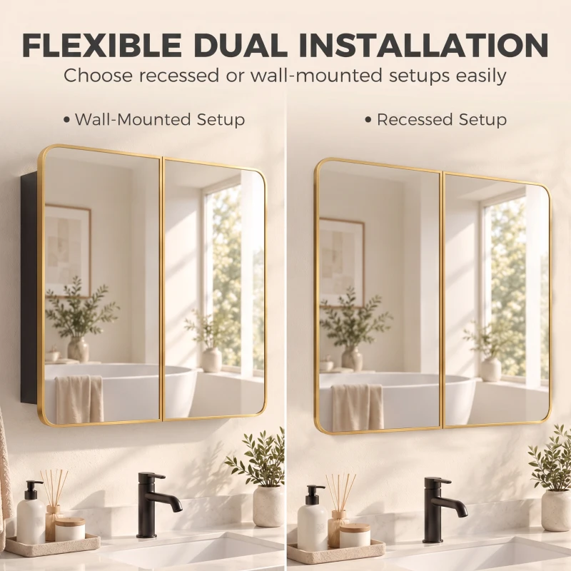 HOMCOM 76.2 x 11.6 x 61 cm Bathroom Mirror Cabinet, Wall Cabinet with Adjustable Shelves, Wall-Mounted or Recessed, Gold Tone