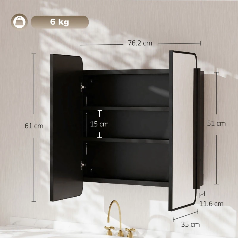 HOMCOM 76.2 x 11.6 x 61 cm Bathroom Mirror Cabinet, Wall Cabinet with Adjustable Shelves, Wall-Mounted or Recessed, Black