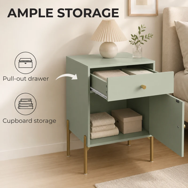 HOMCOM Modern Bedside Tables Set of 2, Side Tables with Drawer and Metal Legs for Living Room, Bedroom, Light Green