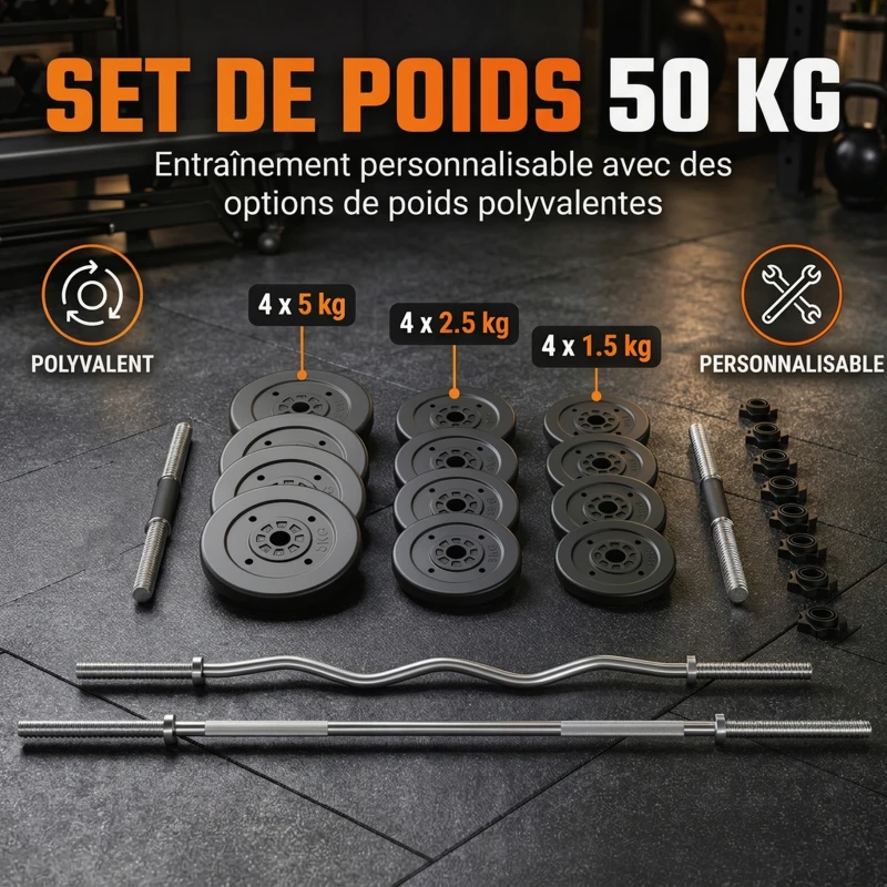 SPORTNOW Kit Haltères Musculation 50 kg 3 en 1, Poids Réglable Revêtement PP, Barre Antidérapante, Verrouillage, Noir