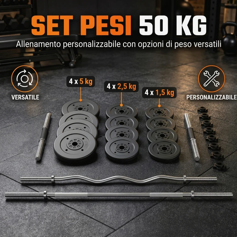 SPORTNOW Set Manubri 3-in-1, Bilanciere Antiscivolo, 50 kg, Nero