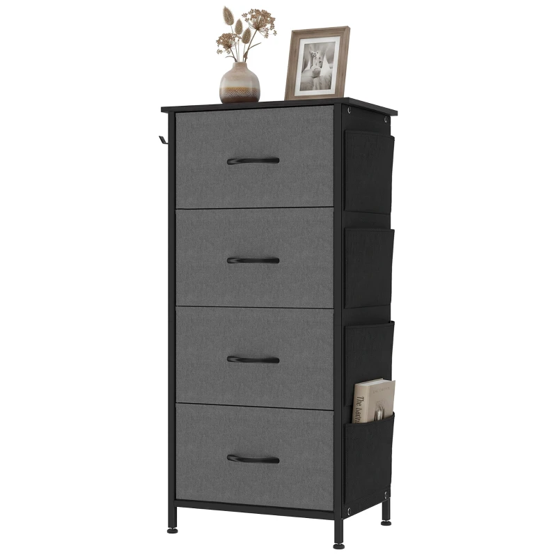 HOMCOM Chest of Drawers, Dresser with 4 Fabric Drawers, 4 Pockets, 2 Hooks and Steel Frame, Storage Unit, Grey