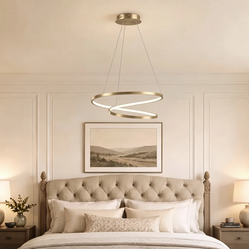 HOMCOM 38W Lâmpada Pendente LED com 2 Anéis e 3 Temperaturas de Cor, 3000-6000K, Altura Ajustável, Ouro
