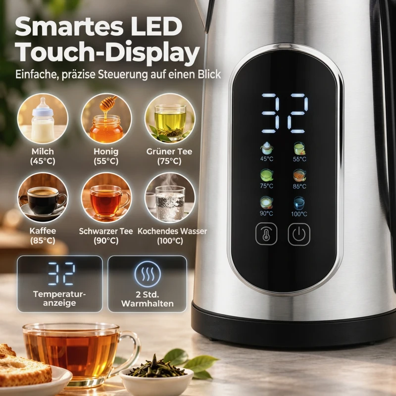 HOMCOM Waterkoker van 1,5 l, 2200 W, met led-touchscreen, 2-sleuven broodrooster met 6 bruiningsstanden, zilver