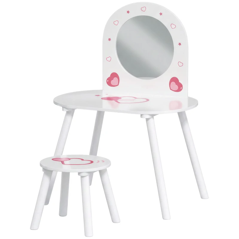 AIYAPLAY Penteadeira Infantil com Banco e Espelho, para Meninas, com Desenhos de Corações, para Crianças de 3-6 Anos, Branca