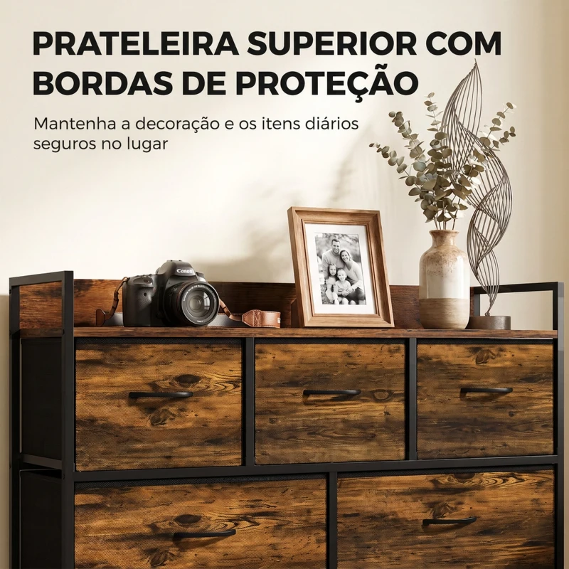 HOMCOM Cómoda de Quarto com 5 Gavetas, Cómoda em Tecido com Tampo de Madeira, Castanho e Preto