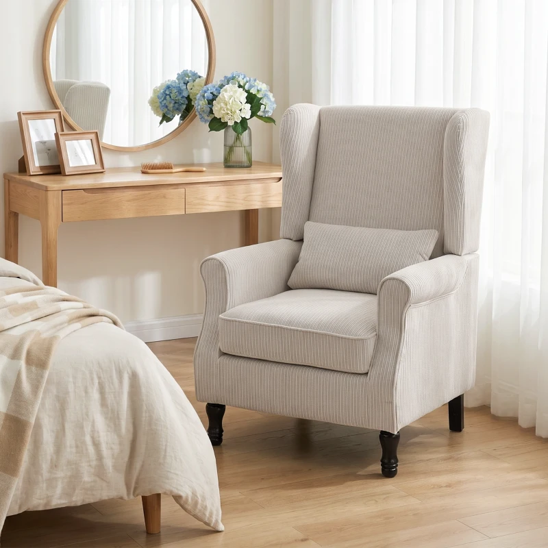 HOMCOM Oorfauteuil met armleuningen, loungefauteuil van cord met lendenkussen, hoge rugleuning, beige
