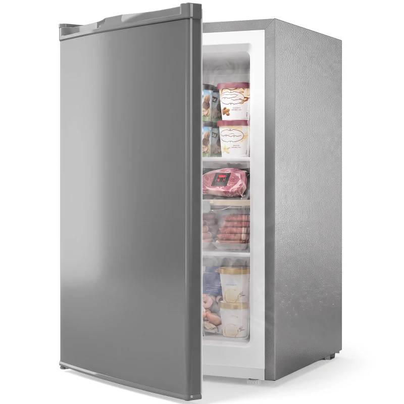HOMCOM 85L Mini Freezer Countertop, Compact Freestanding Upright Freezer with Reversible Door, Removable Glass Shelves, Grey