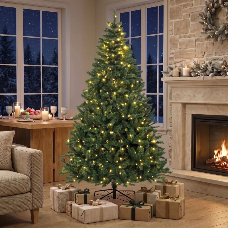 HOMCOM Árbol de Navidad 210 cm con 350 Luces LED 11 Modos Mando a Distancia 1210 Puntas Base de Acero Plegable Verde