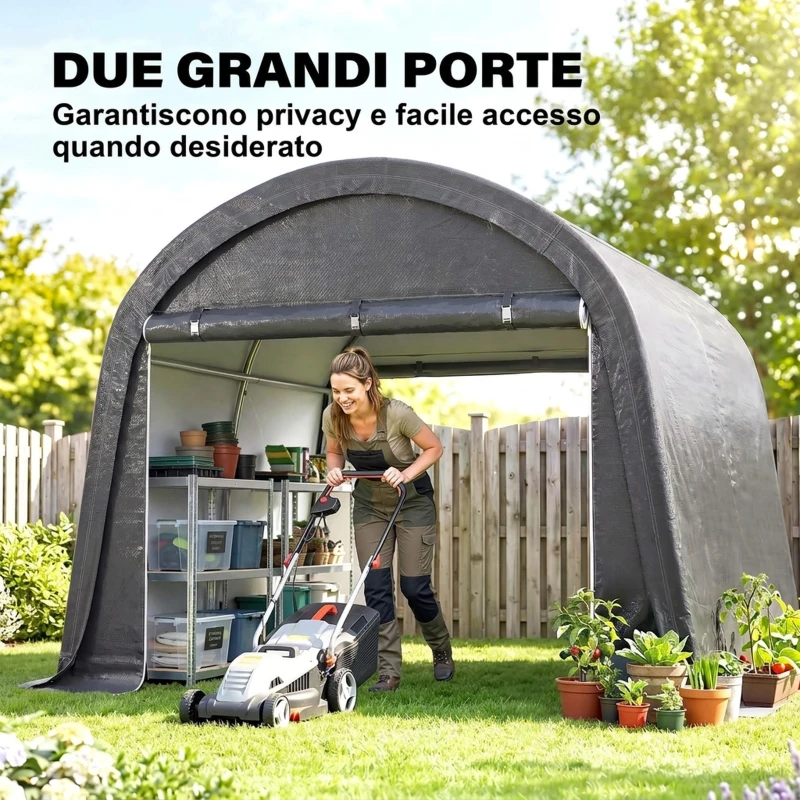 Outsunny Tendone da Giardino per Moto, Bici e Attrezzi con 2 Ingressi a Zip, in Acciaio e PE, 300x300x235 cm, Grigio