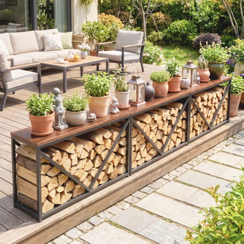 Outsunny 2-in-1 brandhoutrek voor binnen, 98 x 28 x 50 cm, verhoogd haardhoutrek met blad, scheidingswand en bijzettafel