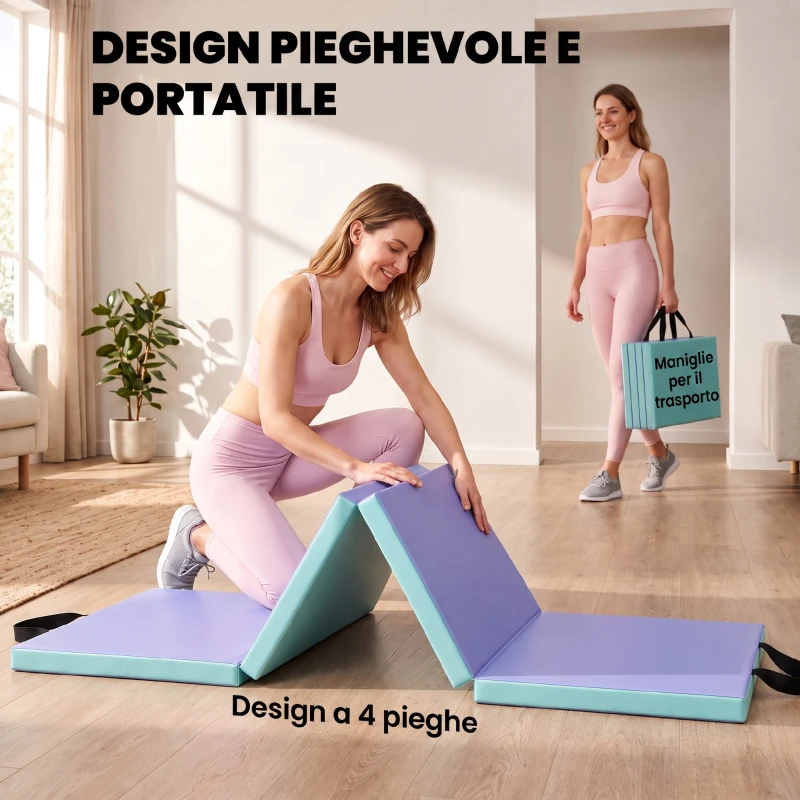 SPORTNOW Tappeto Fitness Pieghevole e Imbottito con 2 Maniglie, in Plastica ed EPE, 180x60x5 cm, Verde e Viola