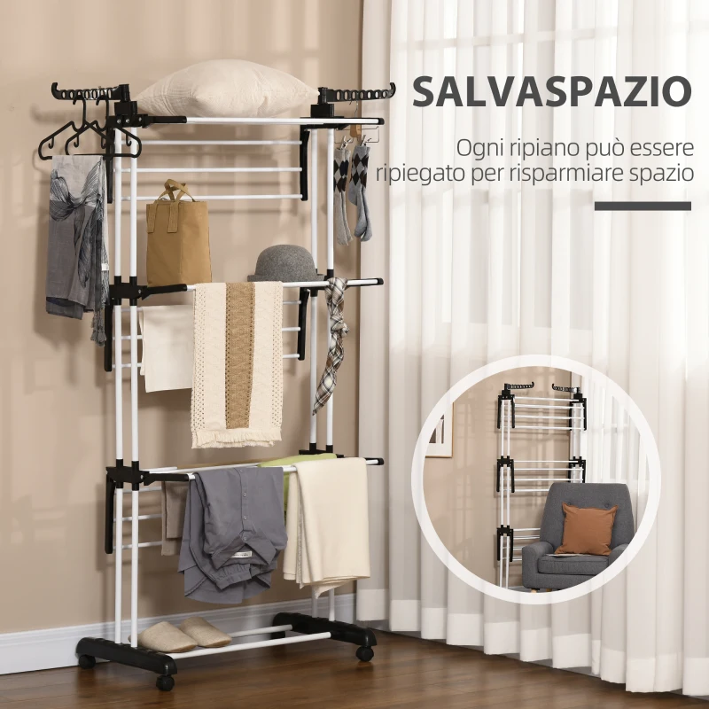 HOMCOM Stendibiancheria Pieghevole a 4 Livelli con Ali Girevoli e 4 Ruote, in Acciaio e PP, 73x64x177 cm, Nero