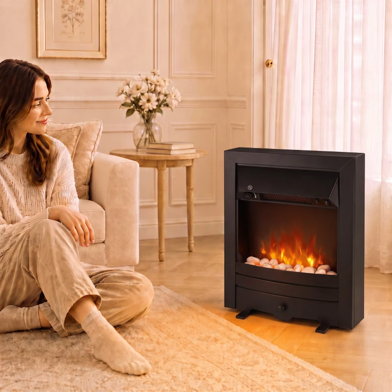 HOMCOM Electric Fireplace Stove Freestanding/Inset, 2000W, Electric Fire with LED Flame, Pebbles, Adjustable Thermostat, Black
