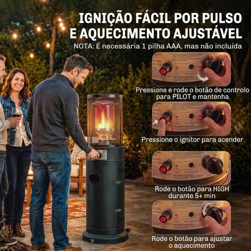 Outsunny Aquecedor de Gás para Pátio 11 kW Estufa de Exterior Portátil a Propano com Grelha de Proteção e Sistema Antitombo Preto