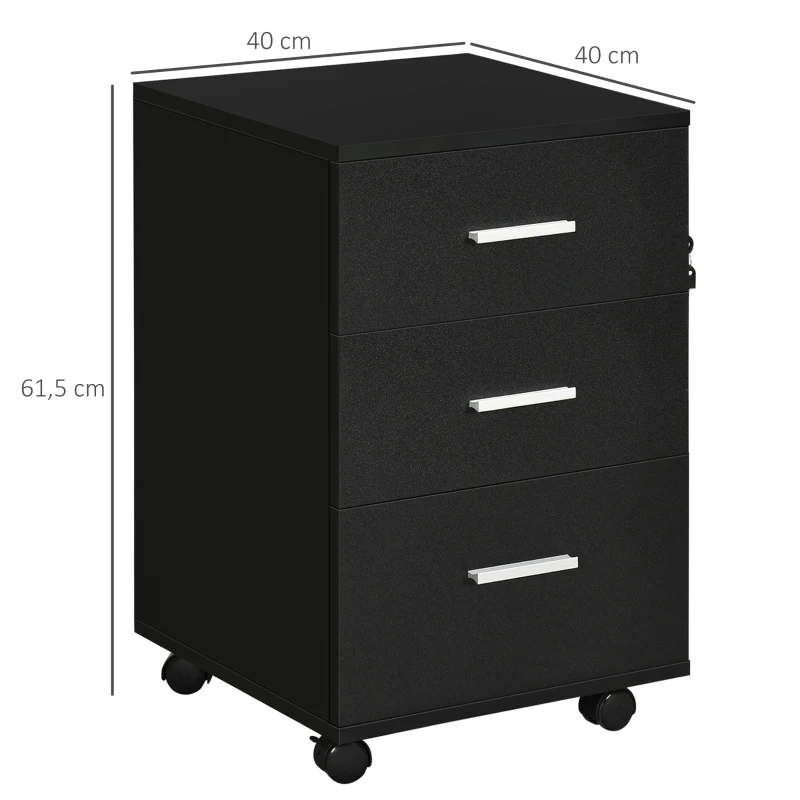 Vinsetto Bloco de Gavetas para Escritório Móvel de Arquivos com 3 Gavetas e Fechadura para Secretária Casa 40x40x61,5 cm Preto