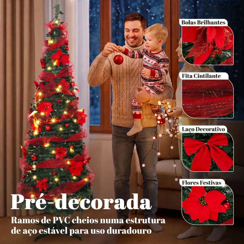 HOMCOM Árvore de Natal Artificial 180 cm com 150 Luzes LED 200 Ramos 11 Modos Bolas Fitas e Suporte Dobrável Verde e Vermelho