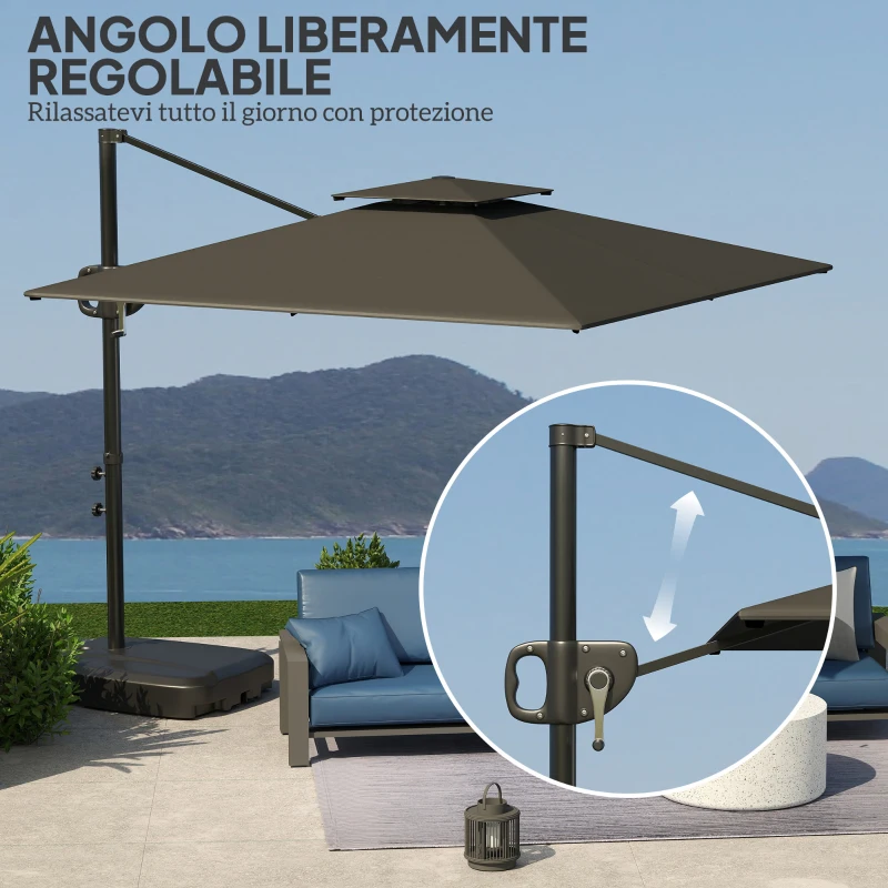 Outsunny Ombrellone a Braccio 2.5x2.5 m con Base Riempibile, Manovella e Testa Inclinabile, Grigio Scuro