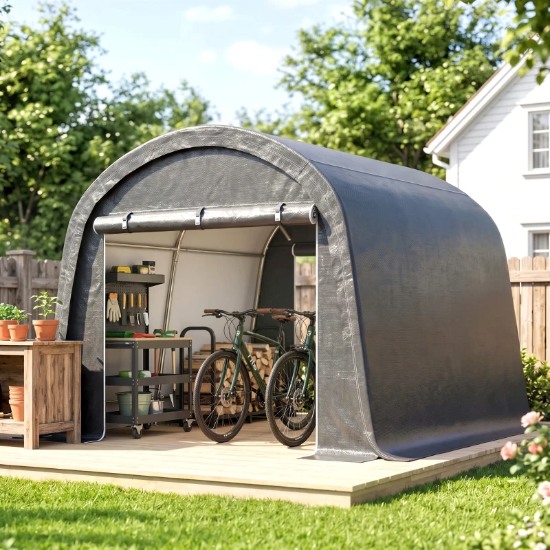 Outsunny 3x3m Garaj pentru Motociclete, Cort cu Acoperiș Rezistent Impermeabil, 2 Intrări cu Fermuar, pentru Biciclete și Unelte, Cadru din Oțel Galvanizat, Cort Grădină, Gri