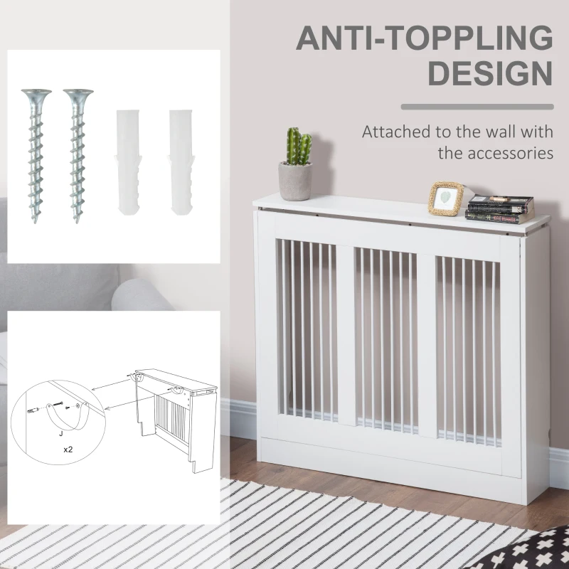 HOMCOM Radiator Cover Vertical Slatted Grille Heater Cover Top Shelf MDF Steel for Heat Circulation 90 x 18 x 84 cm White