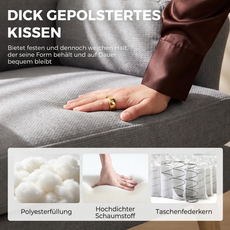 HOMCOM Gestoffeerde fauteuil met pocketvering en massief houten poten, donkergrijs