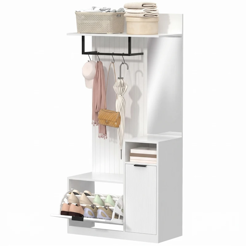 HOMCOM Cuier 6-în-1 Mobilier de intrare cu banc pentru încălțăminte, oglindă, sertar basculant, etajere reglabile, 4 cârlige, alb