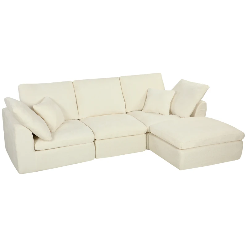 HOMCOM Modulares Ecksofa mit wendbarer Ottomane, wolkenweiches Chenille-Sofa in L-Form, breite Sitzfläche, cremeweiß