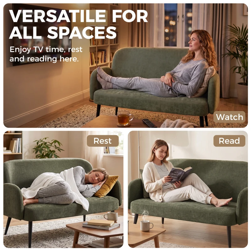 HOMCOM 132cm 2 Seater Sofa, Velvet Comfy Small Sofa Couch with Wide Seat, Thick Padding, Tapered Metal Legs, Green