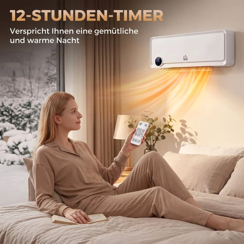 HOMCOM Wandverwarming 2000W met afstandsbediening, 3 standen, led-display, 12u timer