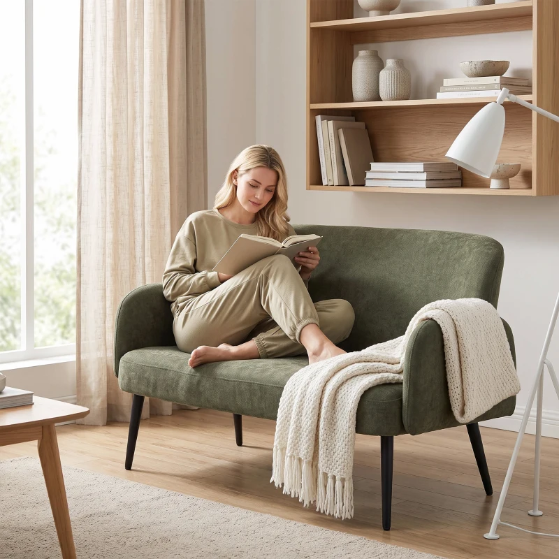 HOMCOM 132cm 2 Seater Sofa, Velvet Comfy Small Sofa Couch with Wide Seat, Thick Padding, Tapered Metal Legs, Green