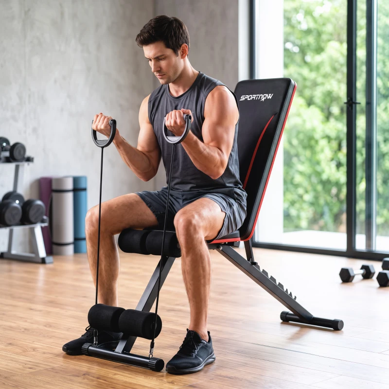 SPORTNOW Adjustable Weight Bench for Home Gym, Foldable Incline Decline Bench Press with Resistance Bands, 7-Position Backrest