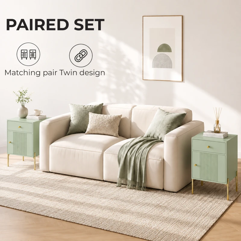 HOMCOM Modern Bedside Tables Set of 2, Side Tables with Drawer and Metal Legs for Living Room, Bedroom, Light Green