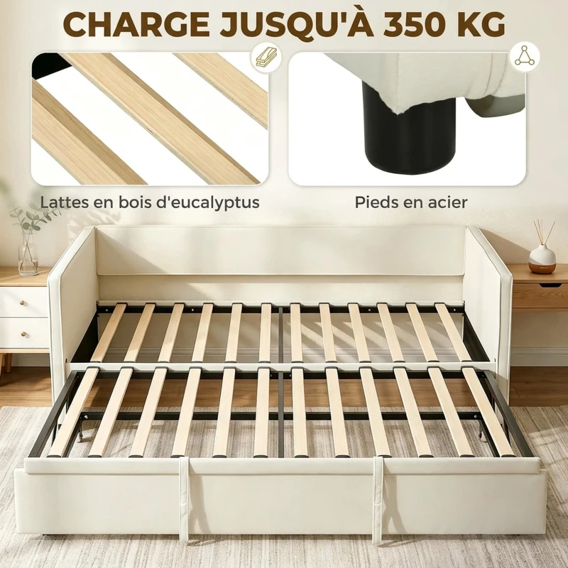 HOMCOM Cadre de lit canapé-lit 2 en 1, canapé 2 places et lit double, deux matelas compatible de 90 x 190 cm