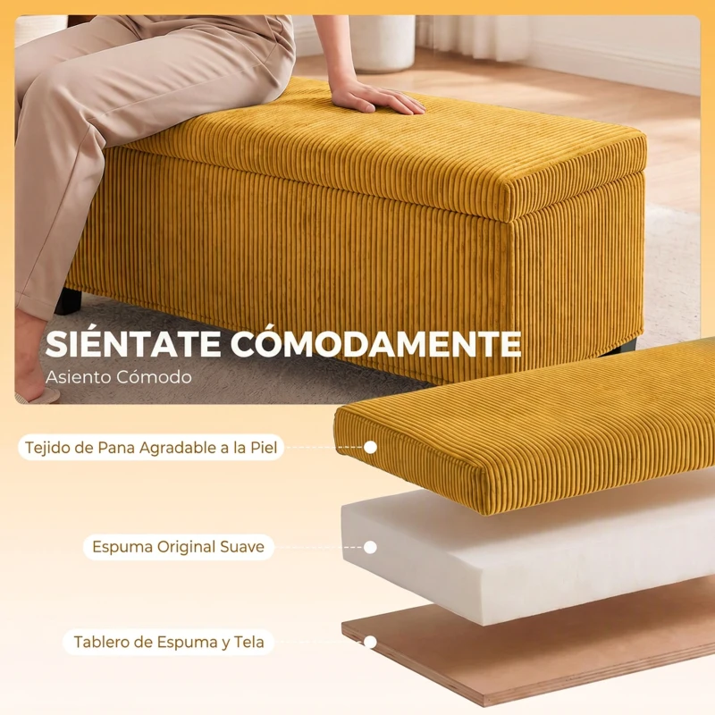 HOMCOM Banco Almacenaje Capacidad de 84 L 112x42x40cm Tapizado en Pana Pie de Cama para Sala de Estar Dormitorio Amarillo