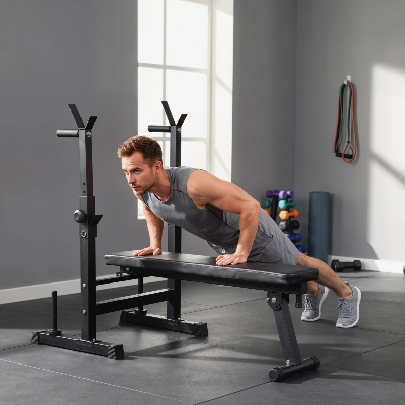 HOMCOM Banco de Musculación con Soporte para Barra y Estación de Dips Carga 220 kg para Entrenamiento en Casa Gimnasio