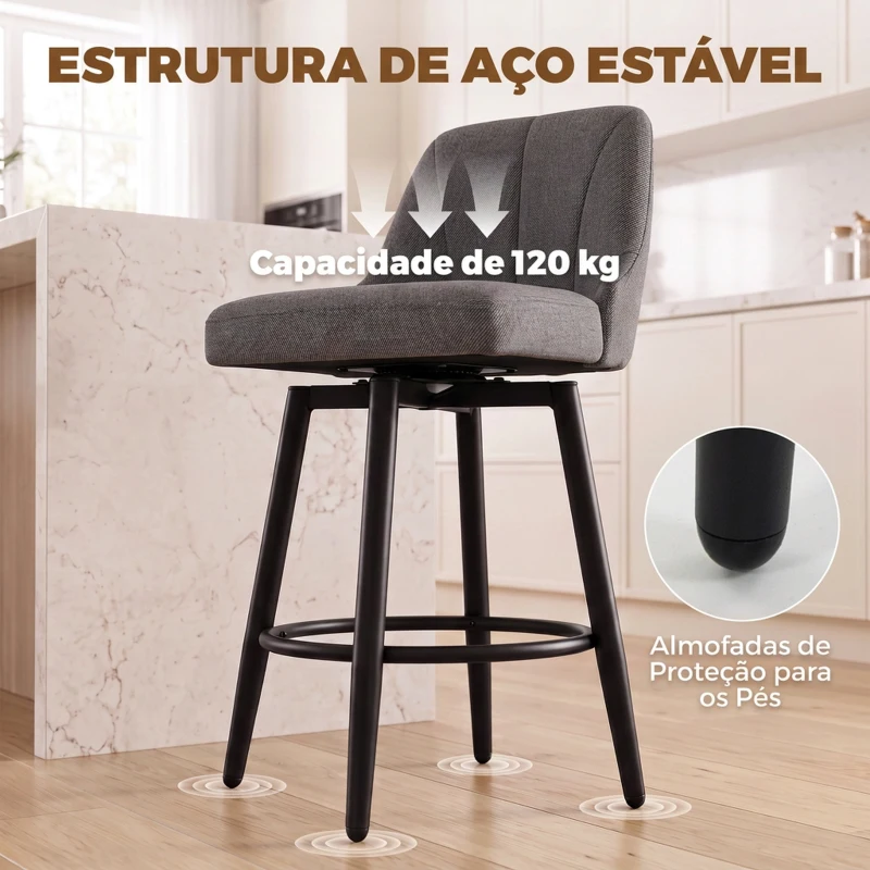 HOMCOM Conjunto de 2 Bancos de Bar Giratórios Estofados em Linho Sintético com Encosto Apoio para os Pés e Estrutura em Aço Cinza Escuro