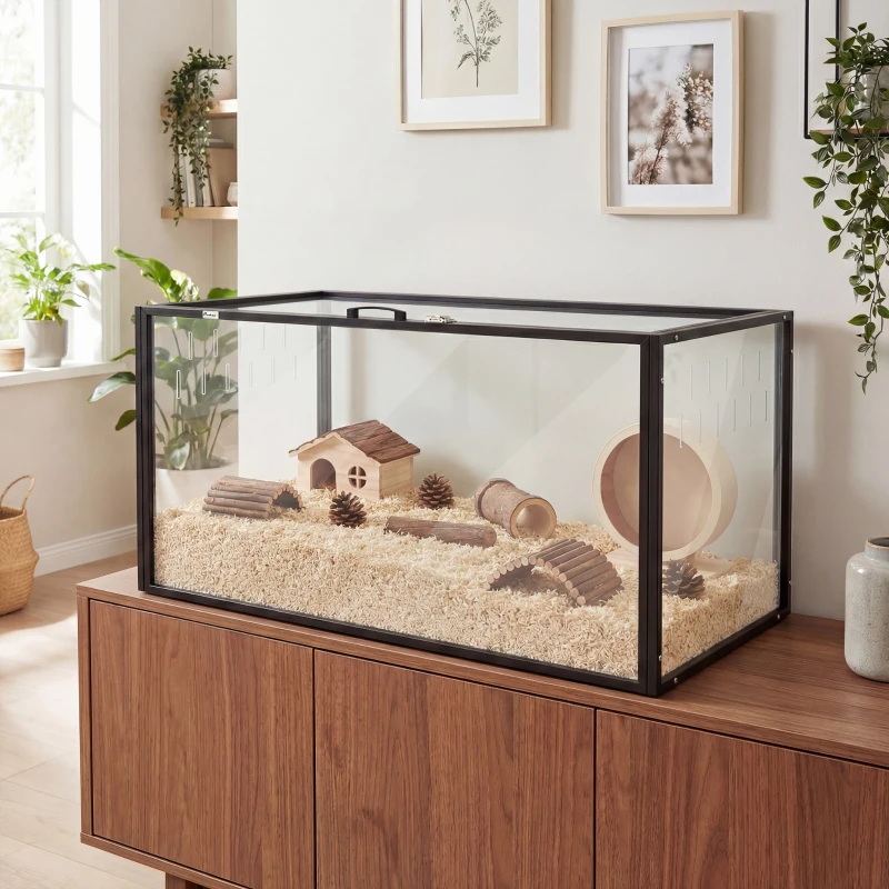 PawHut Jaula para Hámster Hábitat de Roedores Transparente con Vista Panorámica 360° Antimordiscos 105x51x51cm Negro