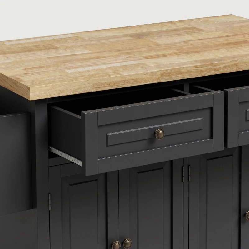 HOMCOM Ilha Central de Cozinha com Tampo em Hévea Carrinho de Cozinha com Rodízios e 2 Gavetas 111x44,5x82,5 cm Preto