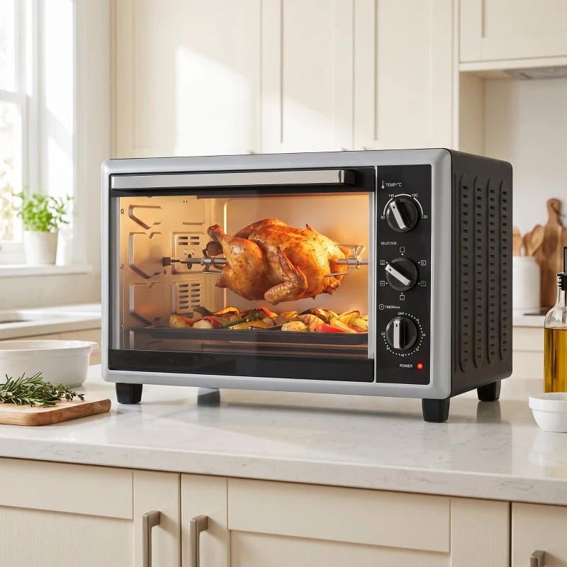 HOMCOM Mini-Four Électrique avec Broche Rotative 32L 1500W, Four à Convection Multifonction, Chaleur Tournante, Minuterie, Noir