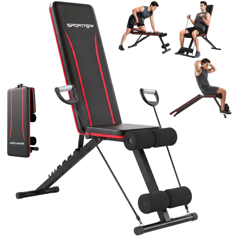SPORTNOW Adjustable Weight Bench for Home Gym, Foldable Incline Decline Bench Press with Resistance Bands, 7-Position Backrest